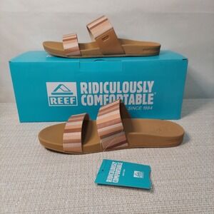 Reef Women's Tan and Beige Striped Slide Sandals